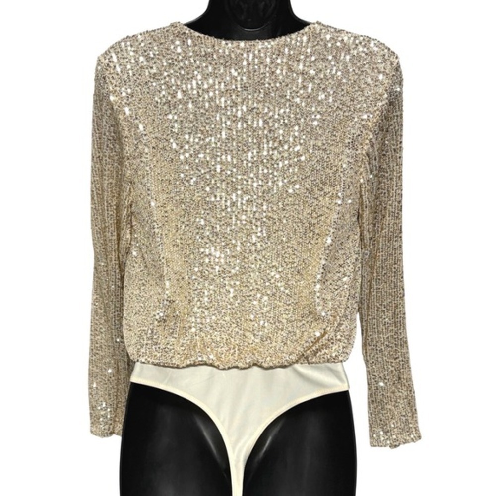 NWT Sequin Bodysuit Top Gold Champagne Long Sleeve Party Cocktail Women's Medium - Picture 2 of 10